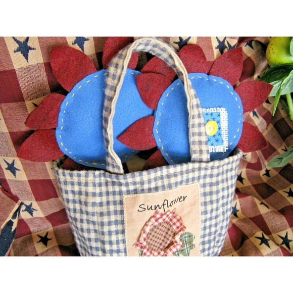 New Prim Rustic Handmade 7” Autumn Fall Felt Sunflowers w/ Bag Home Decor - Picture 1 of 12